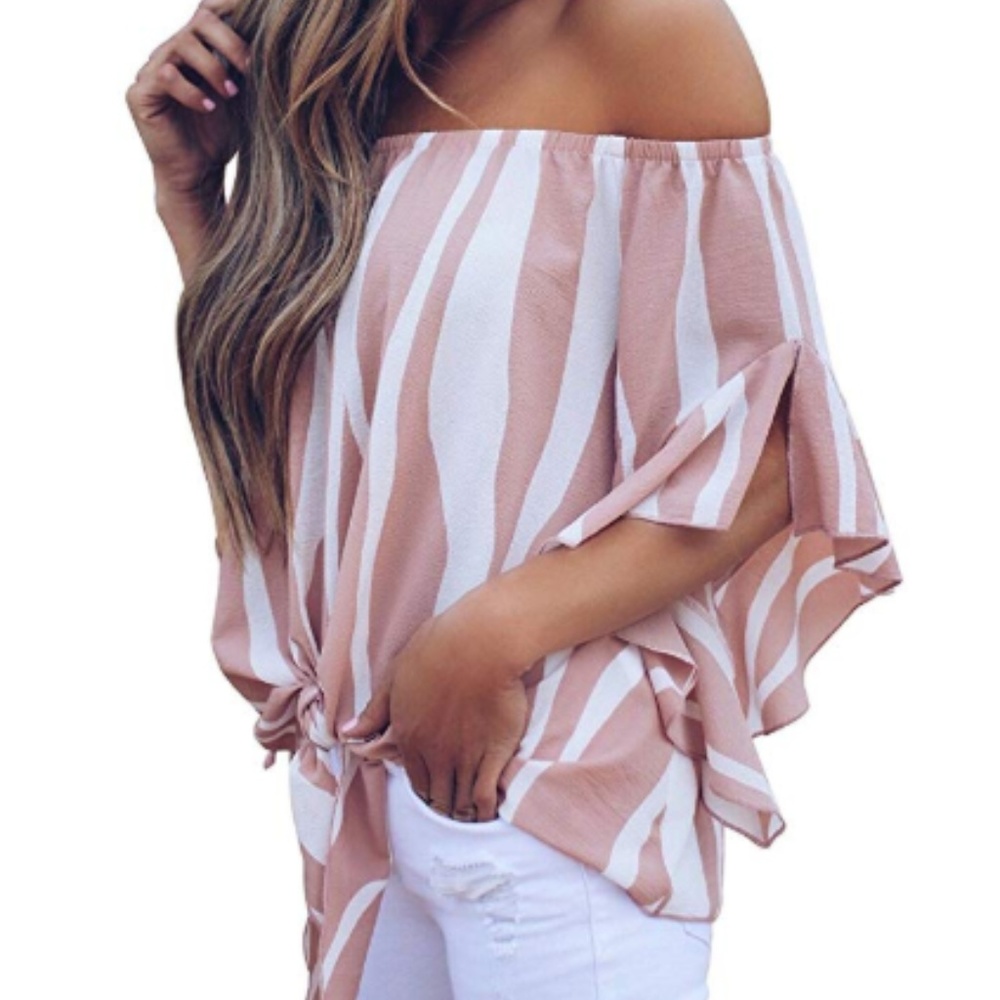 Women's Striped Off Shoulder Bell Sleeve Shirt - Picture 3 of 4